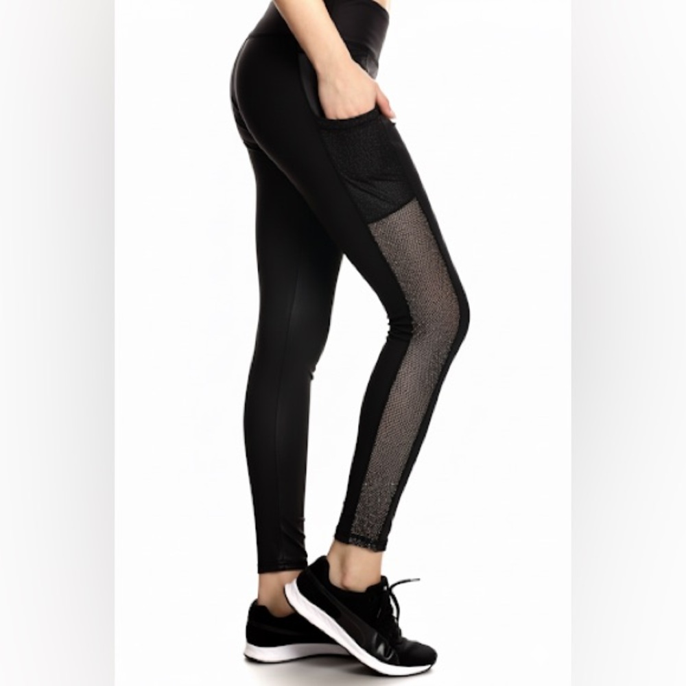 All Meshed Up Black Mesh Pocket Leggings Yoga Street Wear w/Silver Detail S Yado